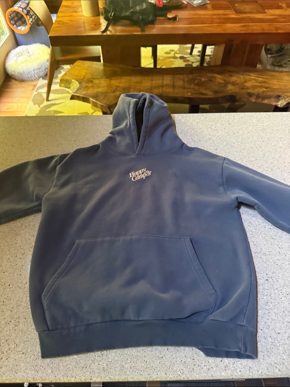 Happy Camper Women's Pullover Hoodie in Dusty Blue